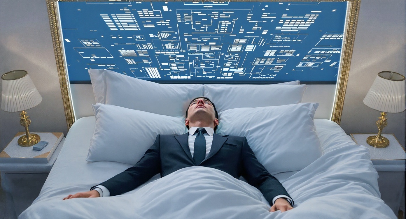 Business executive lying awake in bed in a suite, suit-clad under white linens, with complex digital flowcharts floating above his head illustrating why can't I relax.