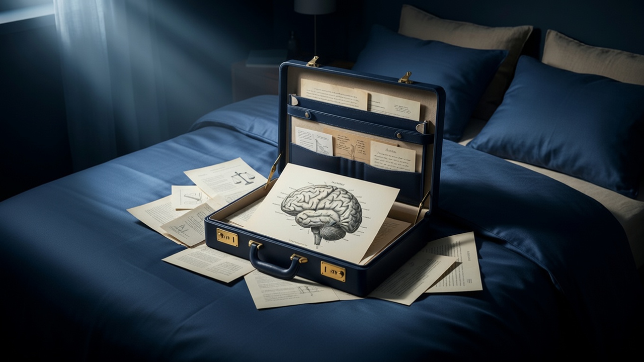 An open navy briefcase resting on a bedroom bed surrounded by scattered documents and a prominent brain sketch, symbolising work-related stress and a mind racing can’t sleep anxiety.