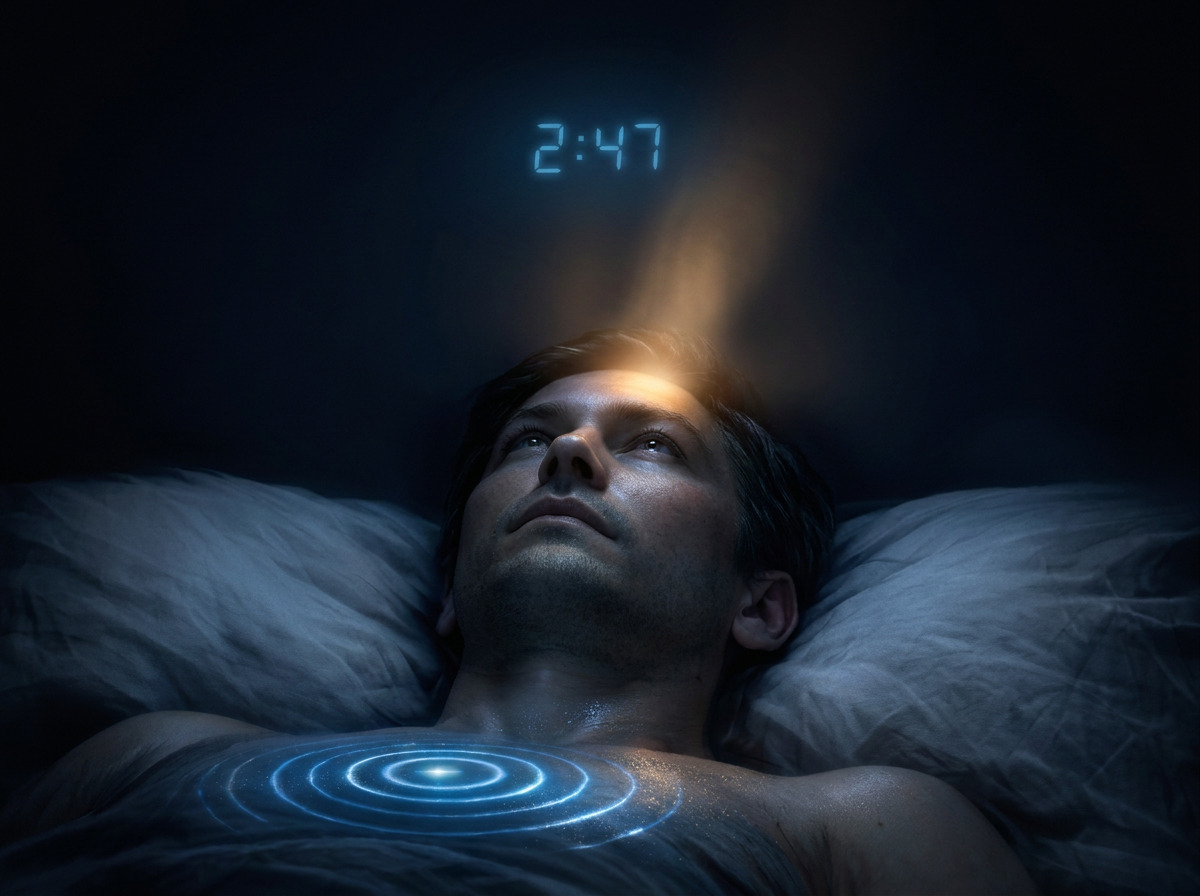 Anxiety vs stress illustration of a man lying awake at 2:47 a.m., navy and blue tones, with a contained blue glow at the chest representing acute stress and a diffuse amber glow at the forehead representing unresolved high-functioning anxiety, looping smoke shapes rising above his head.
