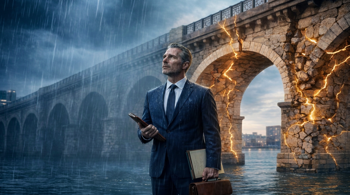 A lawyer in the rain holding a leather folder and briefcase, flanked by a stone arch bridge split by glowing golden cracks, illustrating the internal and external pressures of anxiety vs stress.