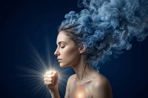 Profile illustration of a woman demonstrating physical symptoms, answering can anxiety cause headaches, featuring swirling blue smoke billing from her head, sweat on her neck, a glowing chest, and a clenched fist.