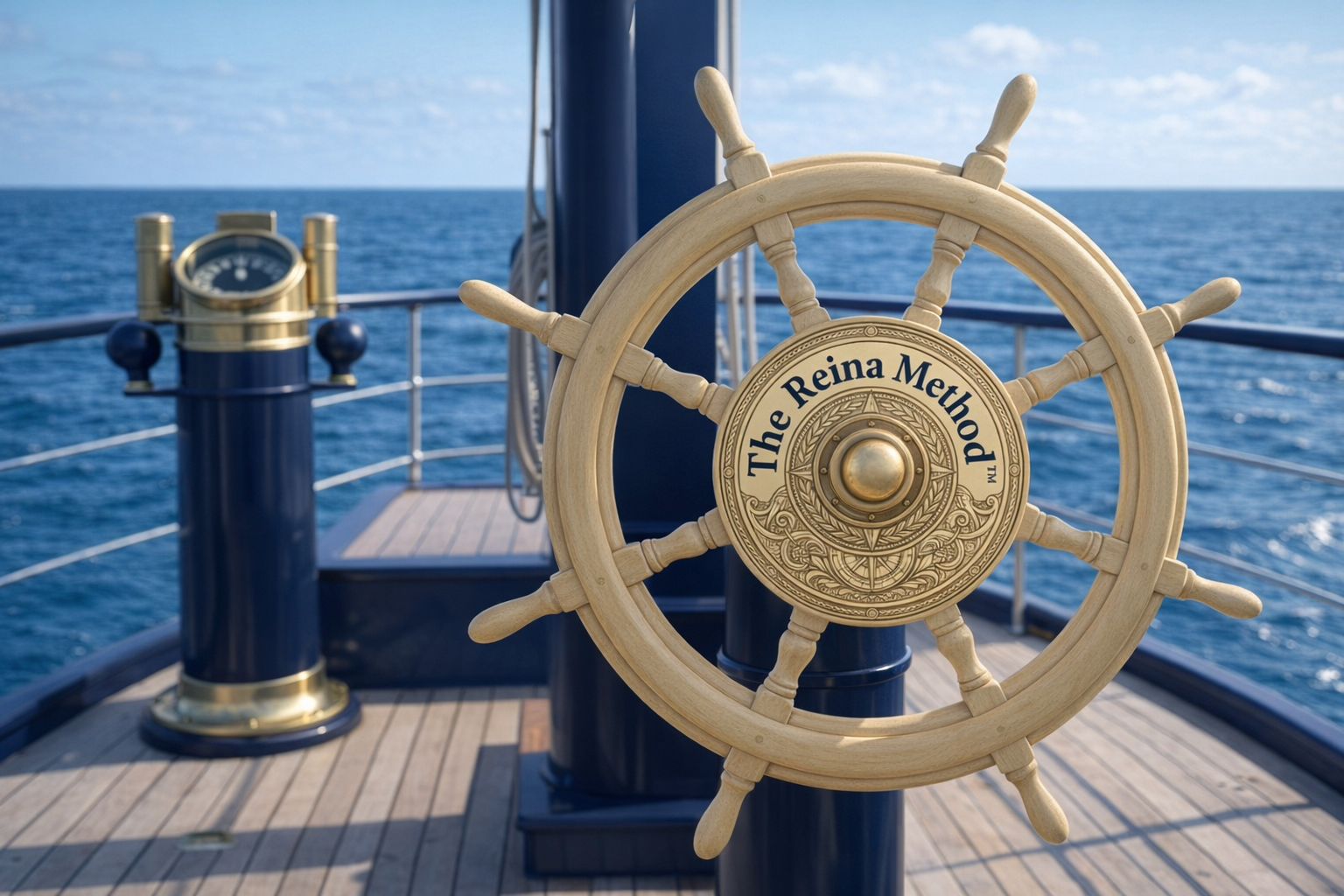 A wooden ship steering wheel on an open ocean deck, with an emblem reading "The Reina Method™," representing a coaching framework for lawyer well-being.