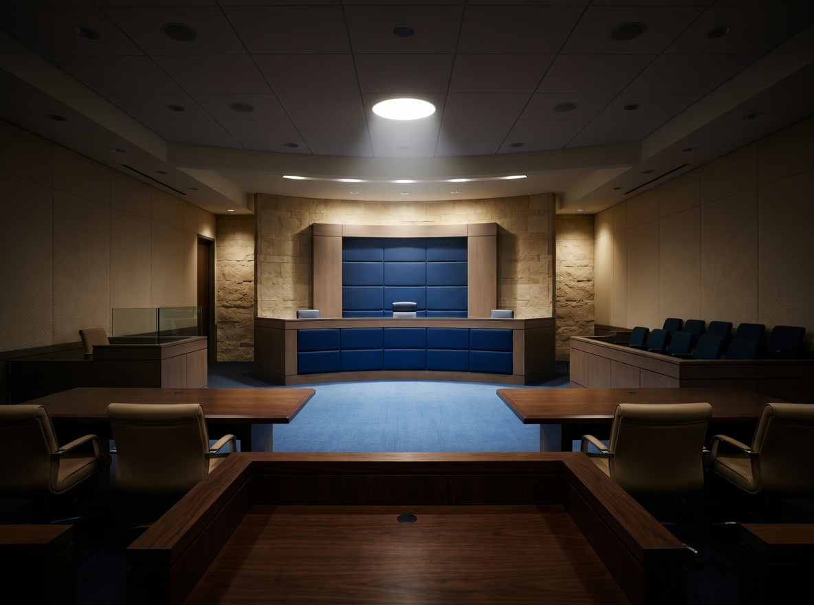 A modern, empty courtroom in deep shadow with a single, bright spotlight illuminating the center floor, symbolising hyper-focused attention and a hypnotic trance..
