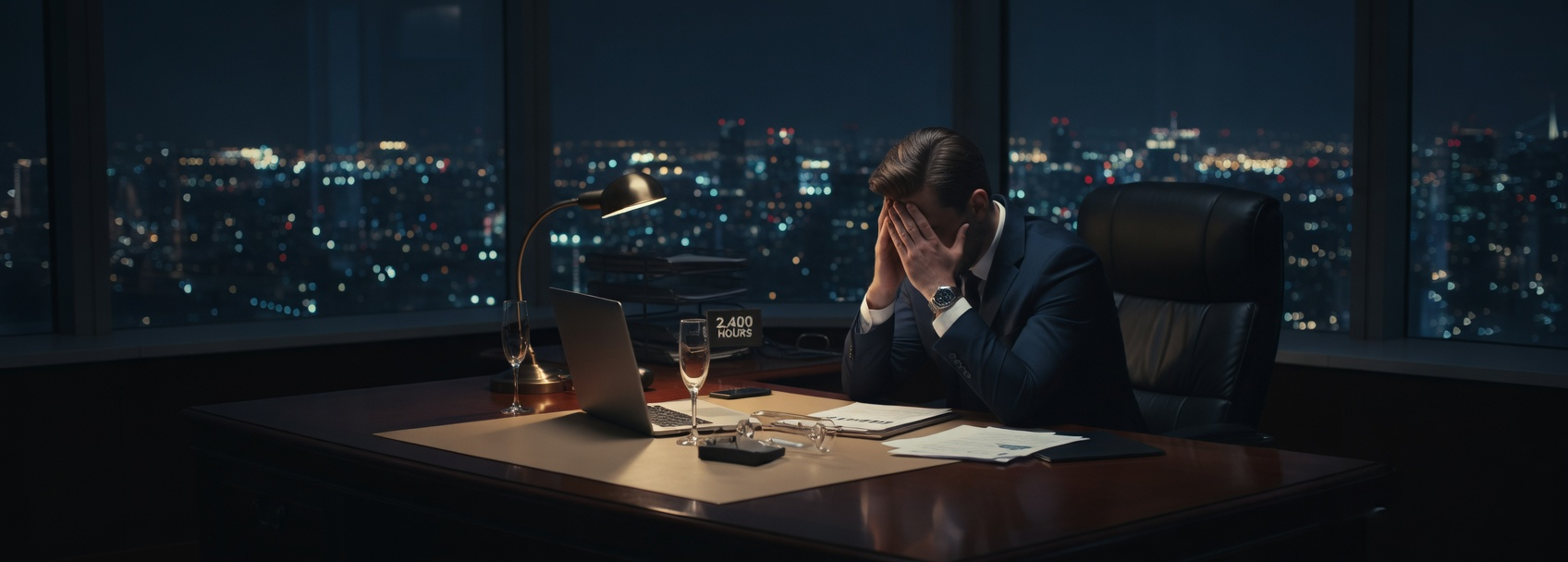 An exhausted attorney in a suit holds his head in his hands at a high-rise office desk at night, illustrating lawyer mental health issues and corporate burnout. A laptop and documents sit under a desk lamp against a blurred city skyline background.