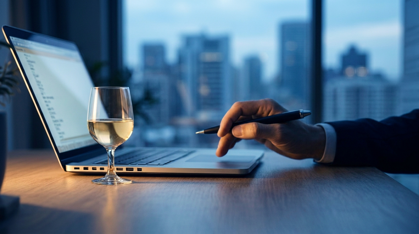 Close-up of a high-performing professional's hand holding a pen at an open laptop, paired with a glass of wine in a high-rise office at dusk, depicting the signs of a high functioning alcoholic.