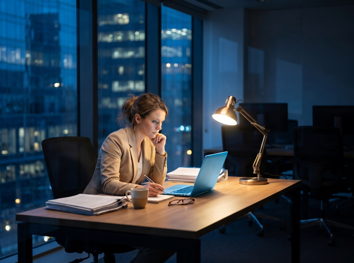 A professional woman working late at night under a desk lamp, symbolizing the anxiety habits, limiting beliefs, and identity traps that keep high achievers stuck in patterns of overworking.