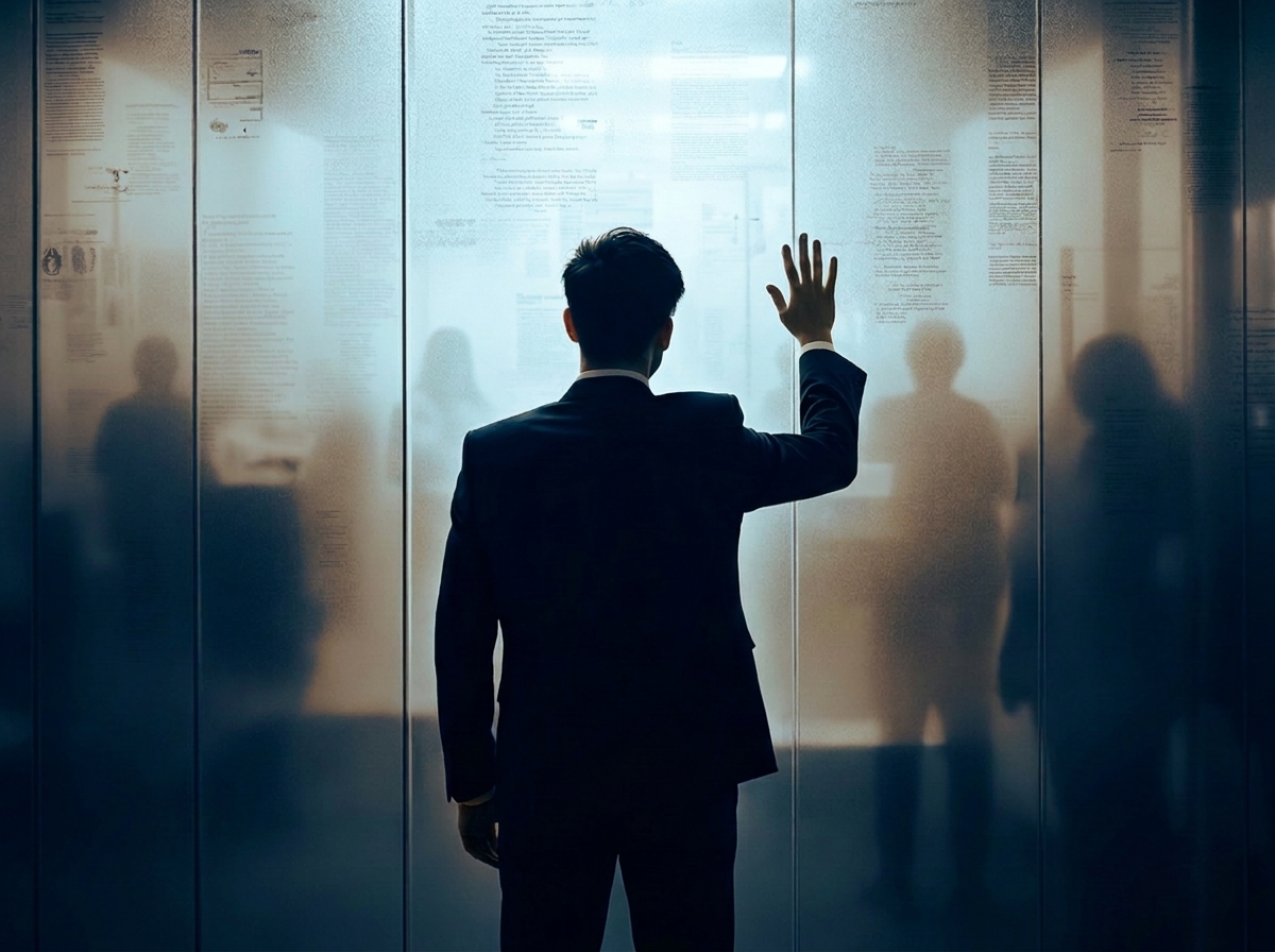 Executive in a suit touching a frosted glass barrier covered in blurred text, symbolizing executive brain fog, mental fatigue, and lack of clarity.